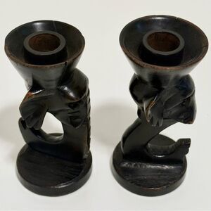 Hand Carved West African Wooden Candlesticks Elephant/Monkey Sculptures
